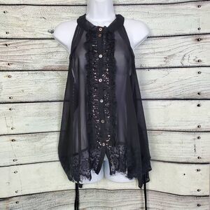 BKE Boutique Black Sheer Lace Trim High-Low Sleeveless Blouse – Size L